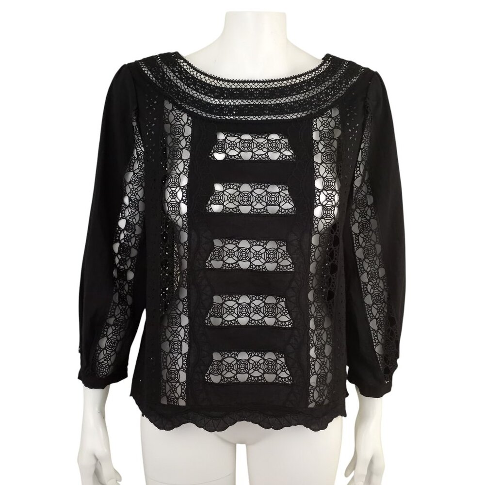 WHBM Black All Over Eyelet Lace Inset 3/4 Sleeve Blouse Womens 10